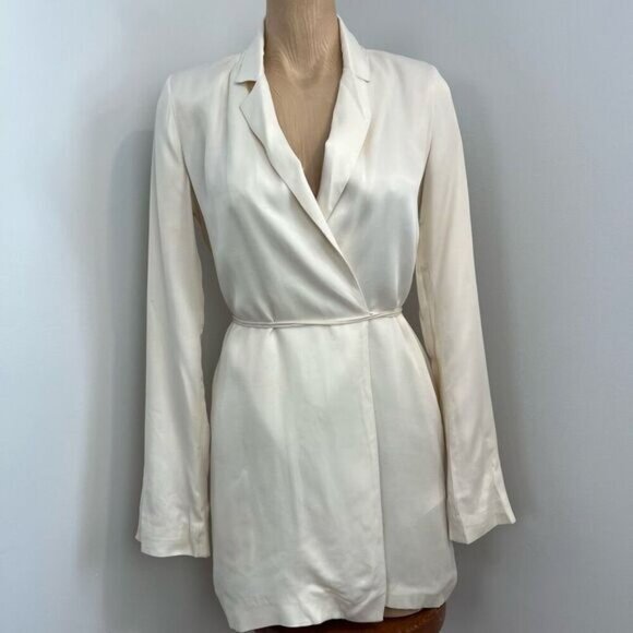 Zara Women’s XS Off White Draped Satin Wrap Blazer Dress Belted Long Sleeve Midi - Picture 1 of 15
